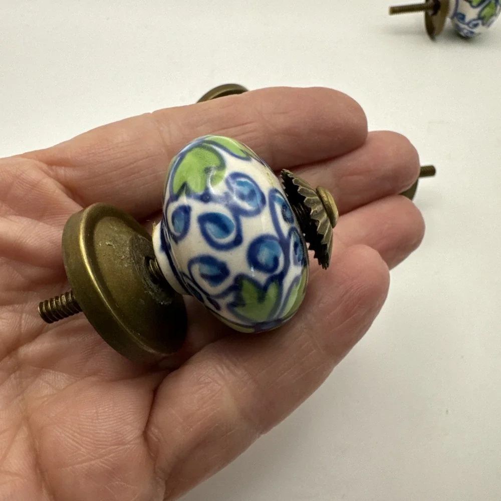 Vintage‎ Painted Porcelain And Brass Door Drawer Cabinet Knobs Pulls Hardware